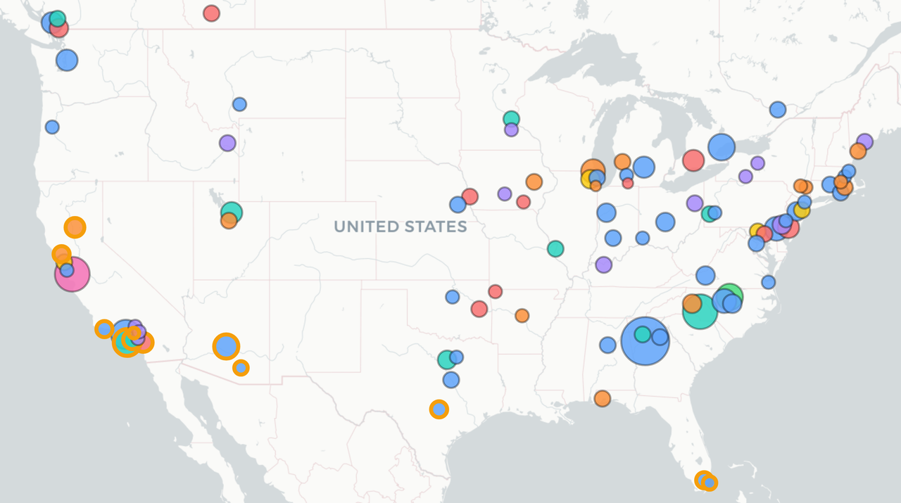Map of the United States and Canada with colored dots marking the schools where students have used Sway