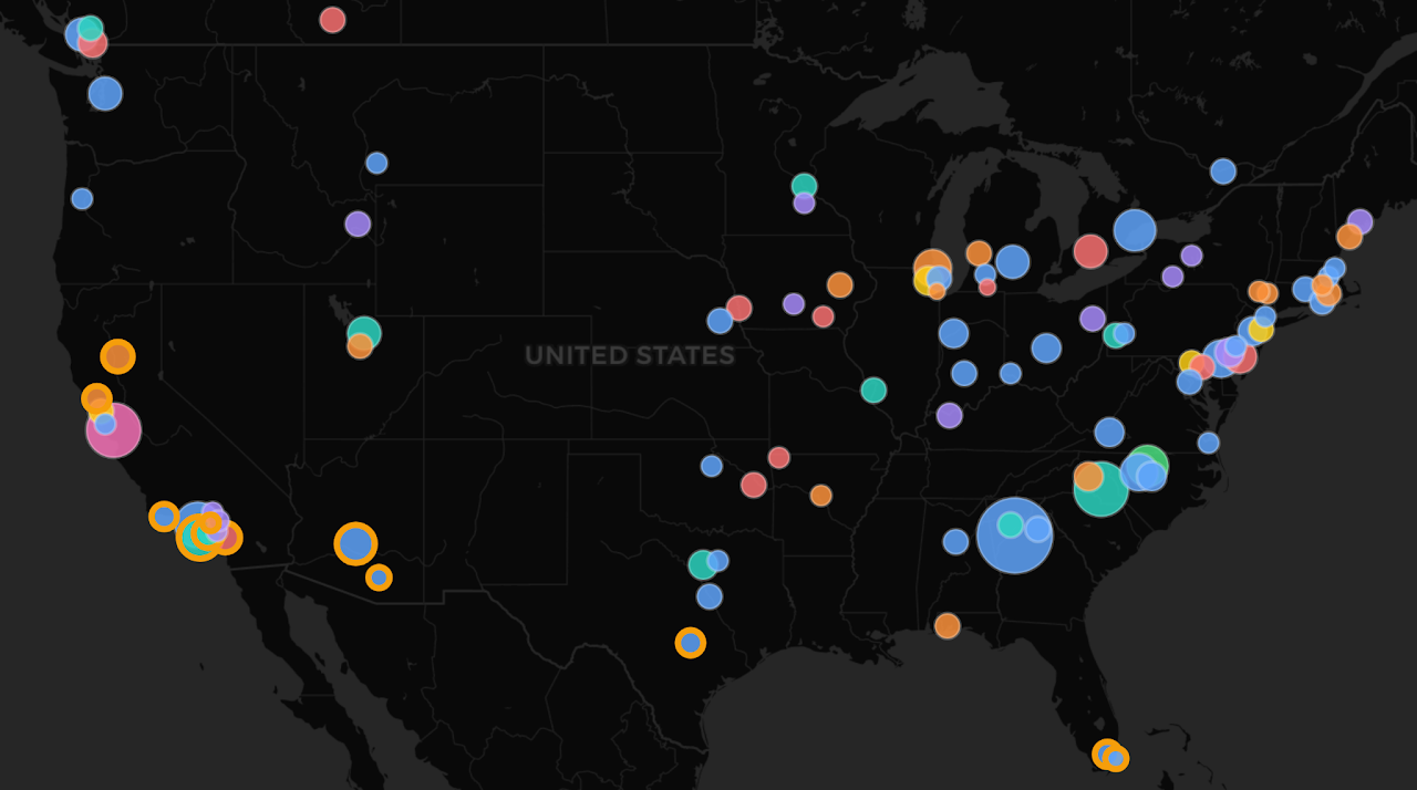 Map of the United States and Canada with colored dots marking the schools where students have used Sway